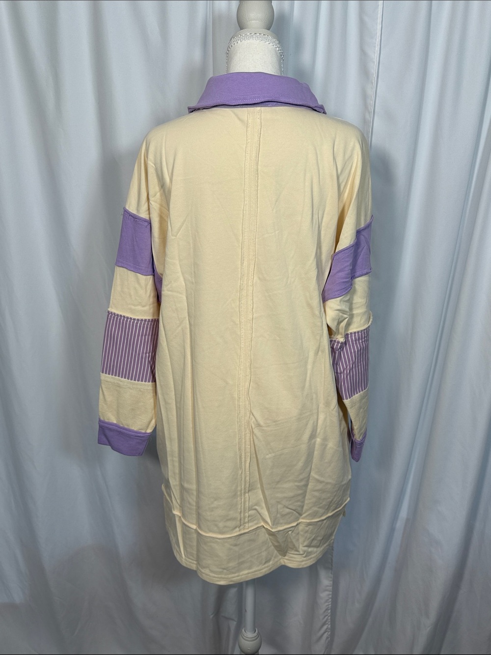 Long Sleeve Cream Shirt Dress with Lavender Polo Details - Picture 4 of 5